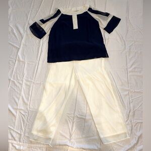 Le Bos Two Piece Navy And Cream Pants Set Suit Sz 18W Plus Size